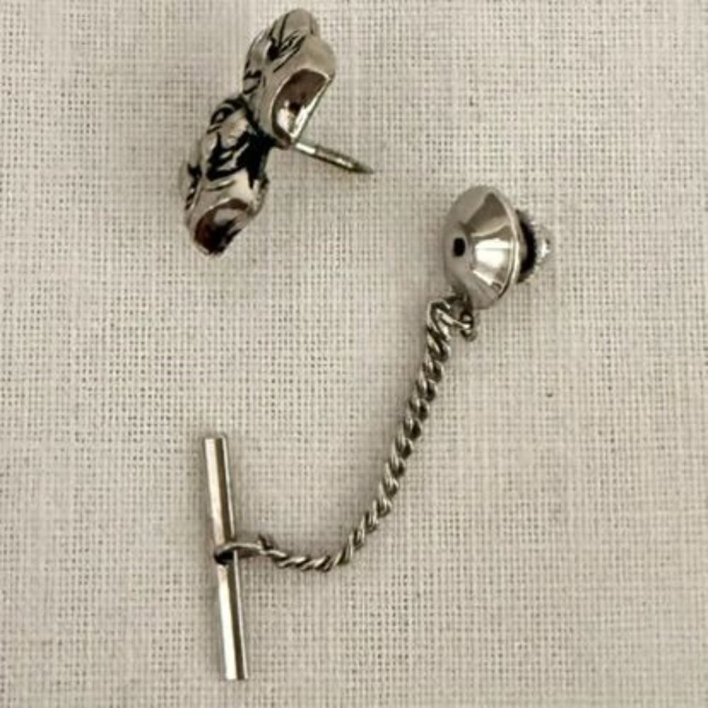 Vintage Theater Masks Tie Tack Pin .75in Silver Tone Drama Chain Toggle Bar - Picture 4 of 10